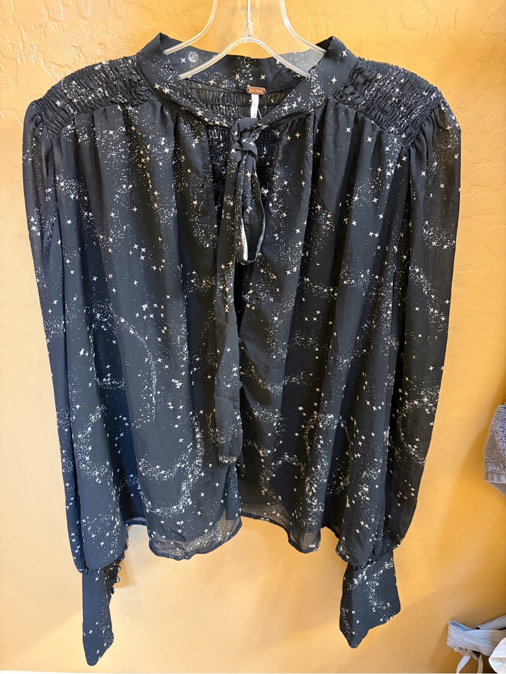 Free People Black Star Print Tie-Neck Blouse